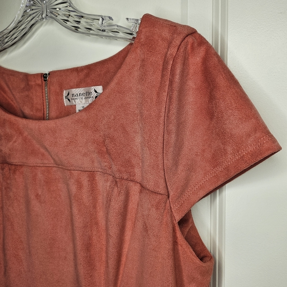 Nanette Lepore Coral Size 10 Faux Suede Sheath Mini Dress Short Sleeve Zip Back - Picture 3 of 9
